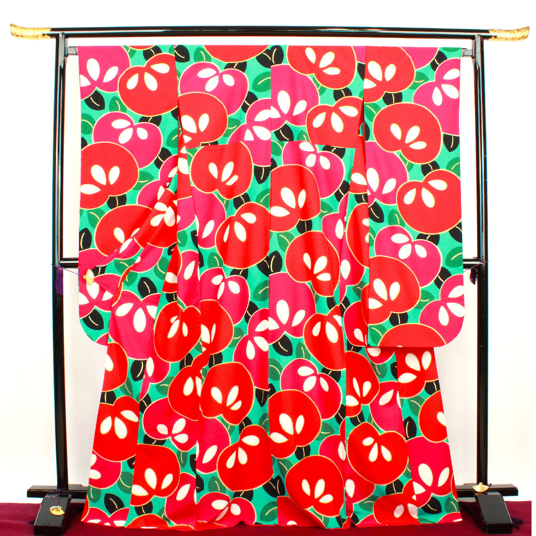 振袖 身丈171cm 裄丈67cm 袷 花緑青色 洗える着物 橘 ポリ Sランク 青系 1113001002617