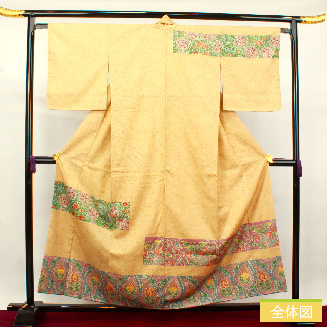 訪問着 正絹 袷 身丈158cm 裄丈65cm 胡桃色 紬地 更紗模様 しつけ糸付き Sランク 黄系 1112003322323