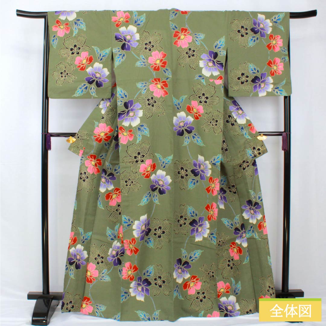 浴衣 木綿 身丈167.5cm 裄丈66.5cm Sランク 単衣 緑系 岩井茶色(いわいちゃいろ) ハイビスカス 1118005262519