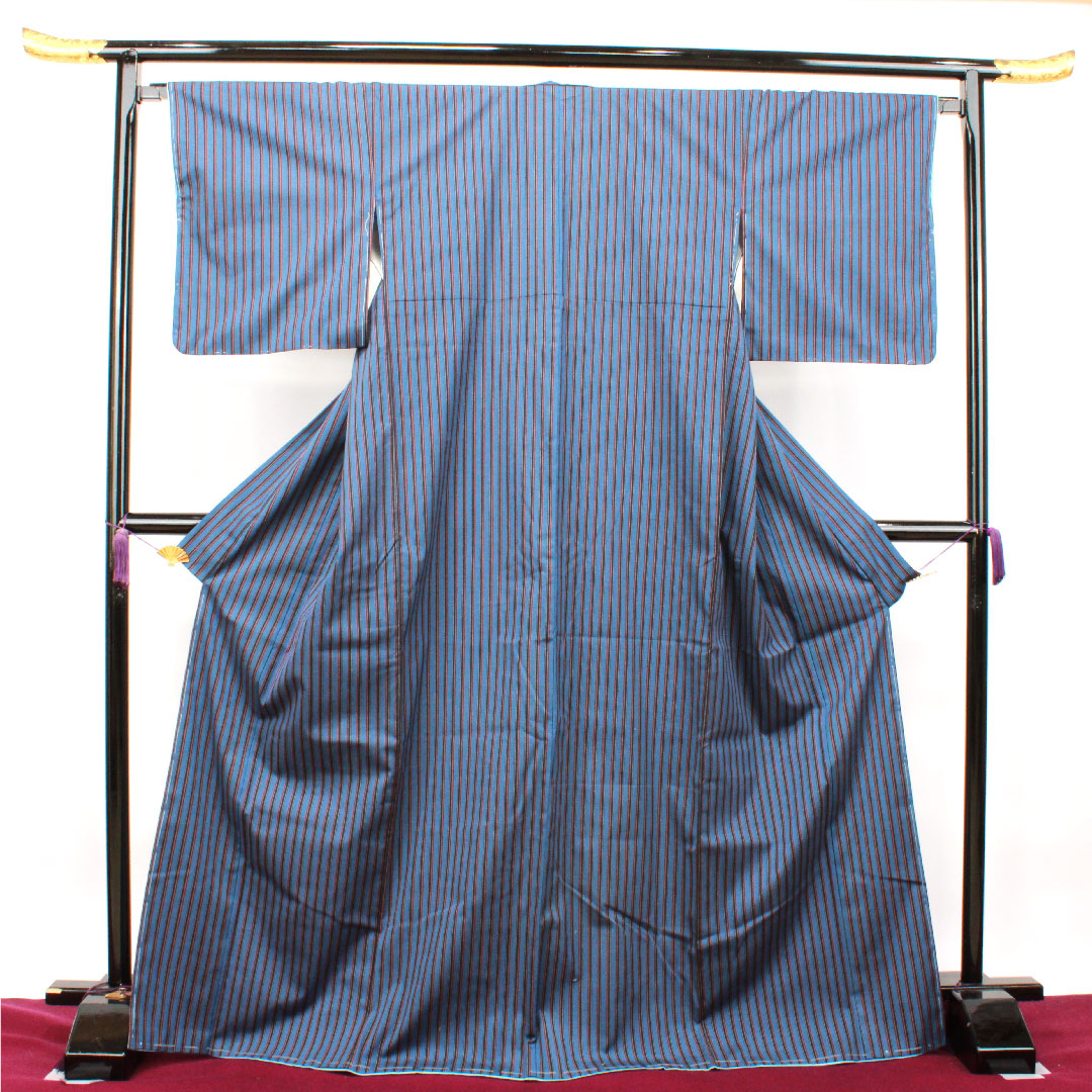 紬 身丈171cm 裄丈66.5cm 紺藤色 洗える着物 縞 しつけ糸付き 未使用品 ポリエステル Sランク 袷 青系 1116002742617