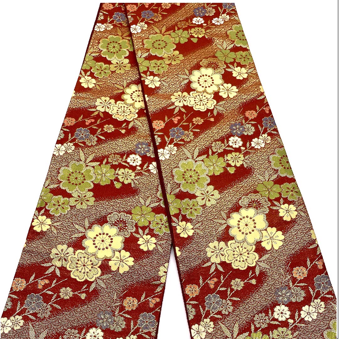 (未仕立)半幅帯 ポリエステル 海老赤色(えびあかいろ) 桜 花柄 青海波 古典柄 帯丈412cm 茶系 Sランク 1125001162414