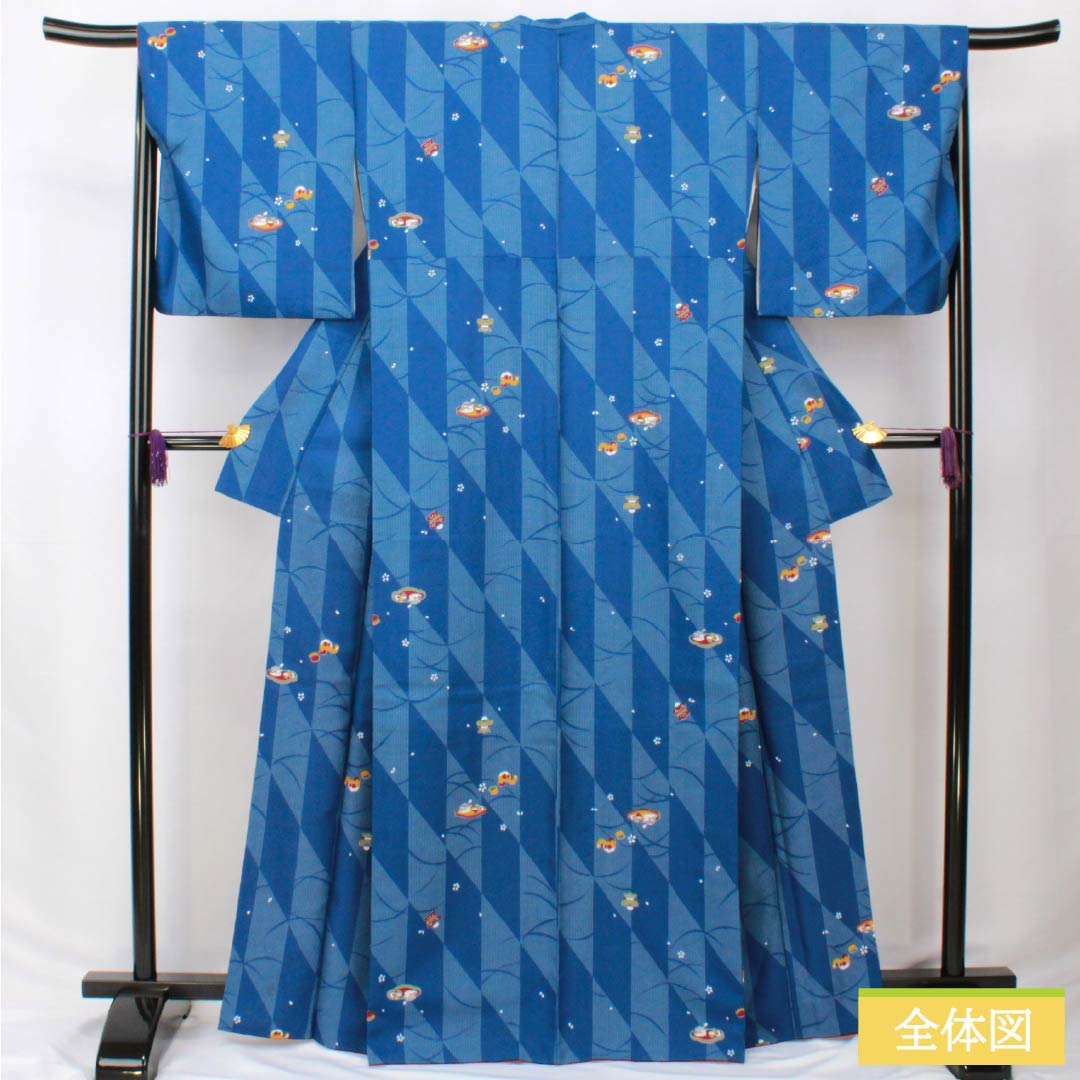 小紋 ポリエステル 身丈166cm 裄丈67cm 袷 紺青色(こんじょういろ) レトロ模様 洗える着物 Sランク 青系 1115005922517