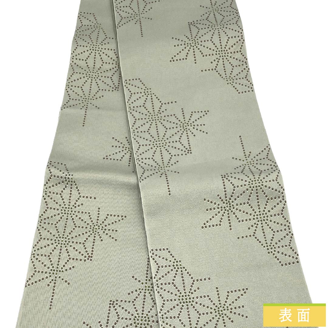 (新品)半幅帯 ポリエステル NEWランク 蝋色(ろういろ) 薩摩鼠色(さつまねずいろ) 破れ麻の葉 流水 桜 広幅 帯丈396cm 緑系 1125006121319