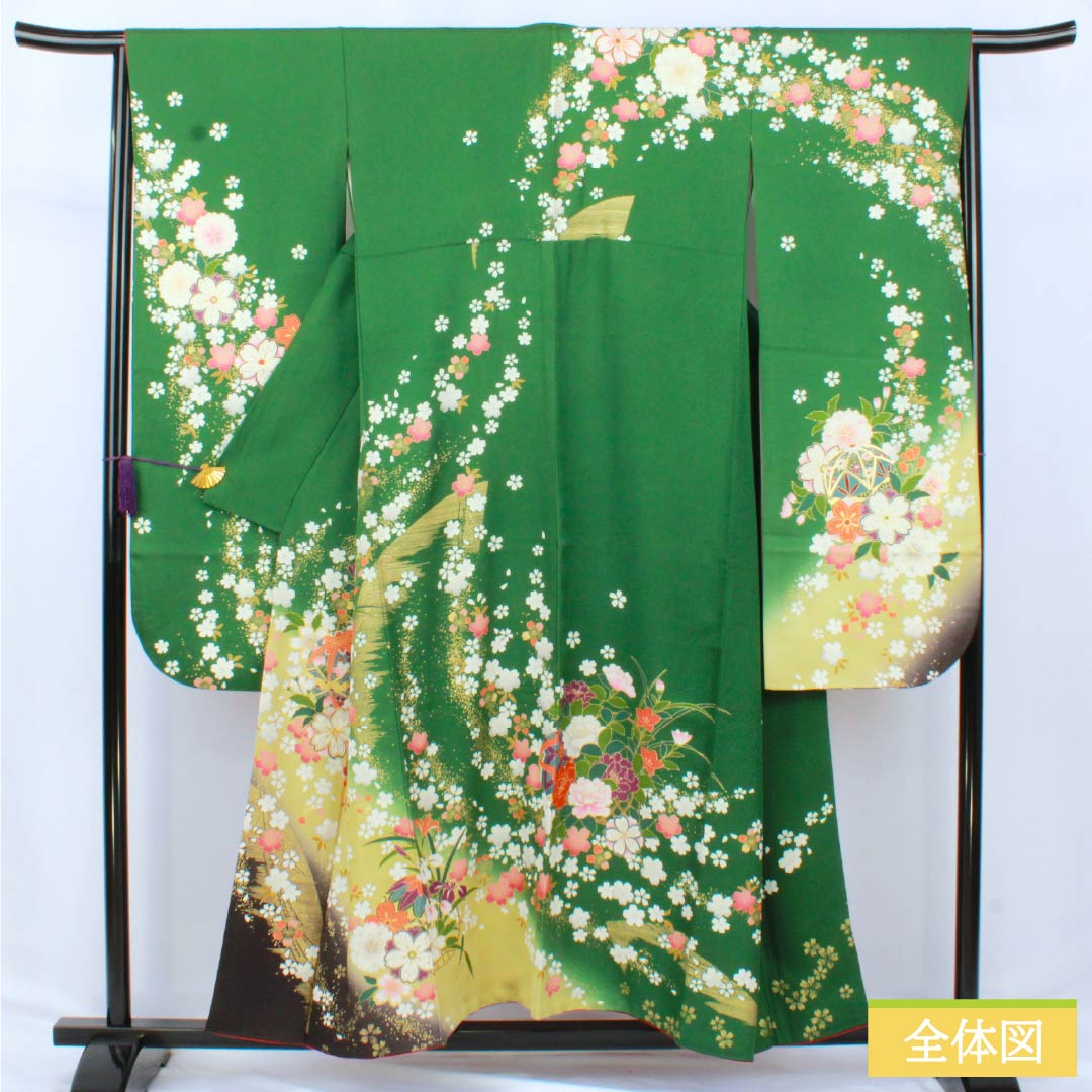 振袖 正絹 Sランク 身丈153cm 裄丈62.5cm 袷 緑茶色(りょくちゃいろ) 京友禅 桜 草花 パールトーン加工 緑系 1113002142219