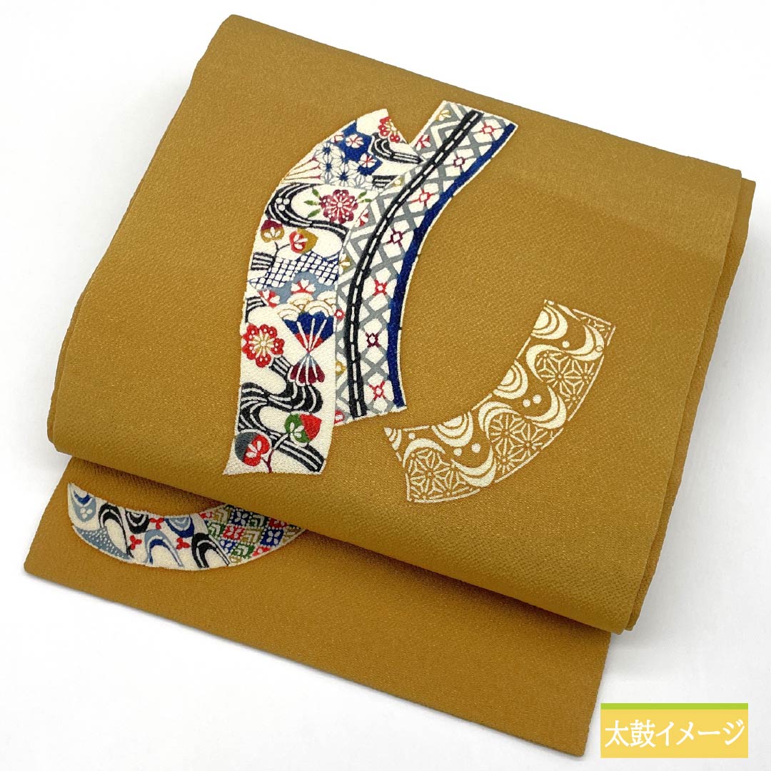 名古屋帯 土布色(トウプースーいろ) 京紅型 ちりめん地 熨斗 帯丈369cm 正絹 Sランク ポイント柄 カジュアル 黄系 1124007972323 名古屋仕立て