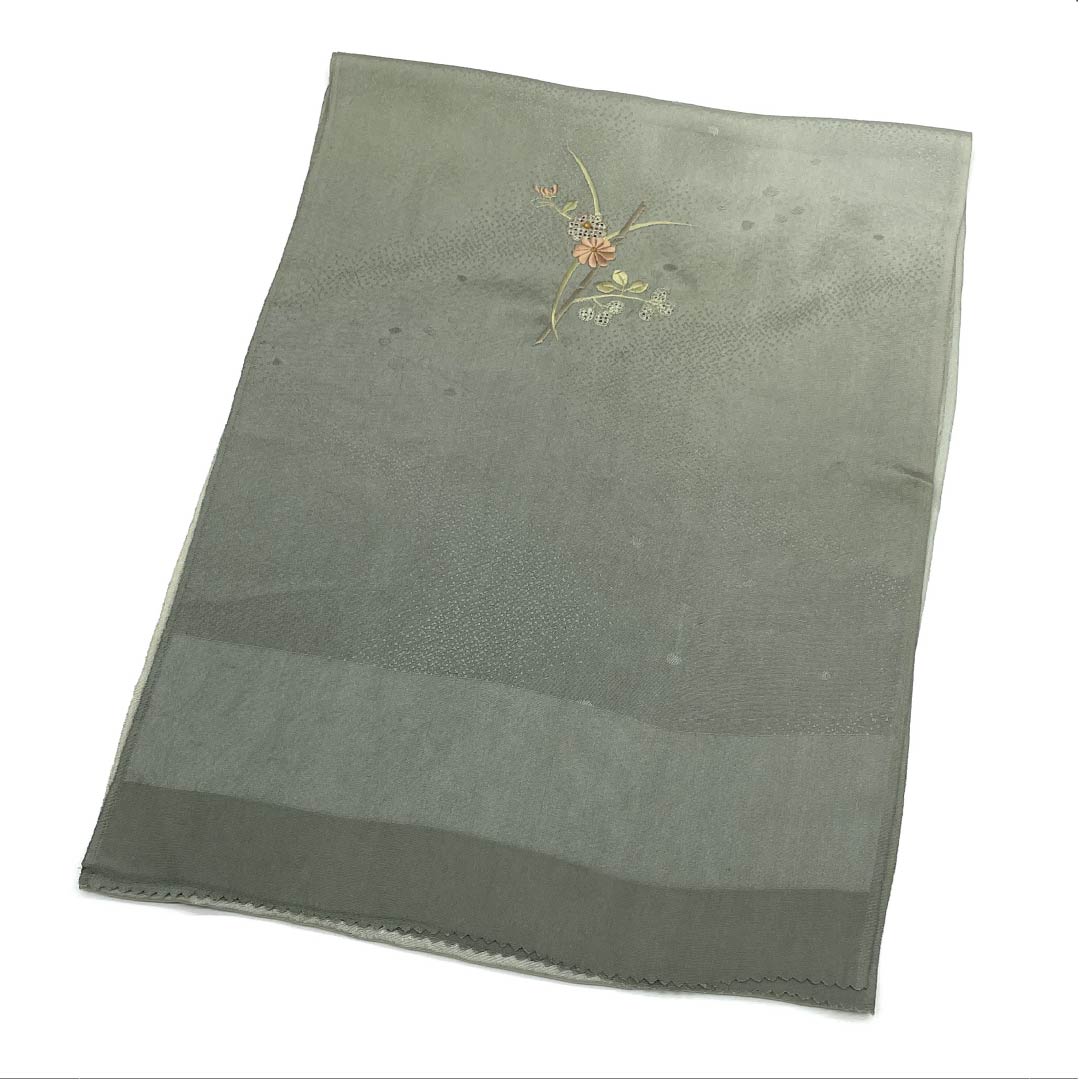 帯揚げ 正絹 Sランク セミフォーマル 利休鼠色(りきゅうねずみいろ) 草花 刺繍 グラデーション 長さ約172cm 幅約30.5cm グレー系 1136002422922