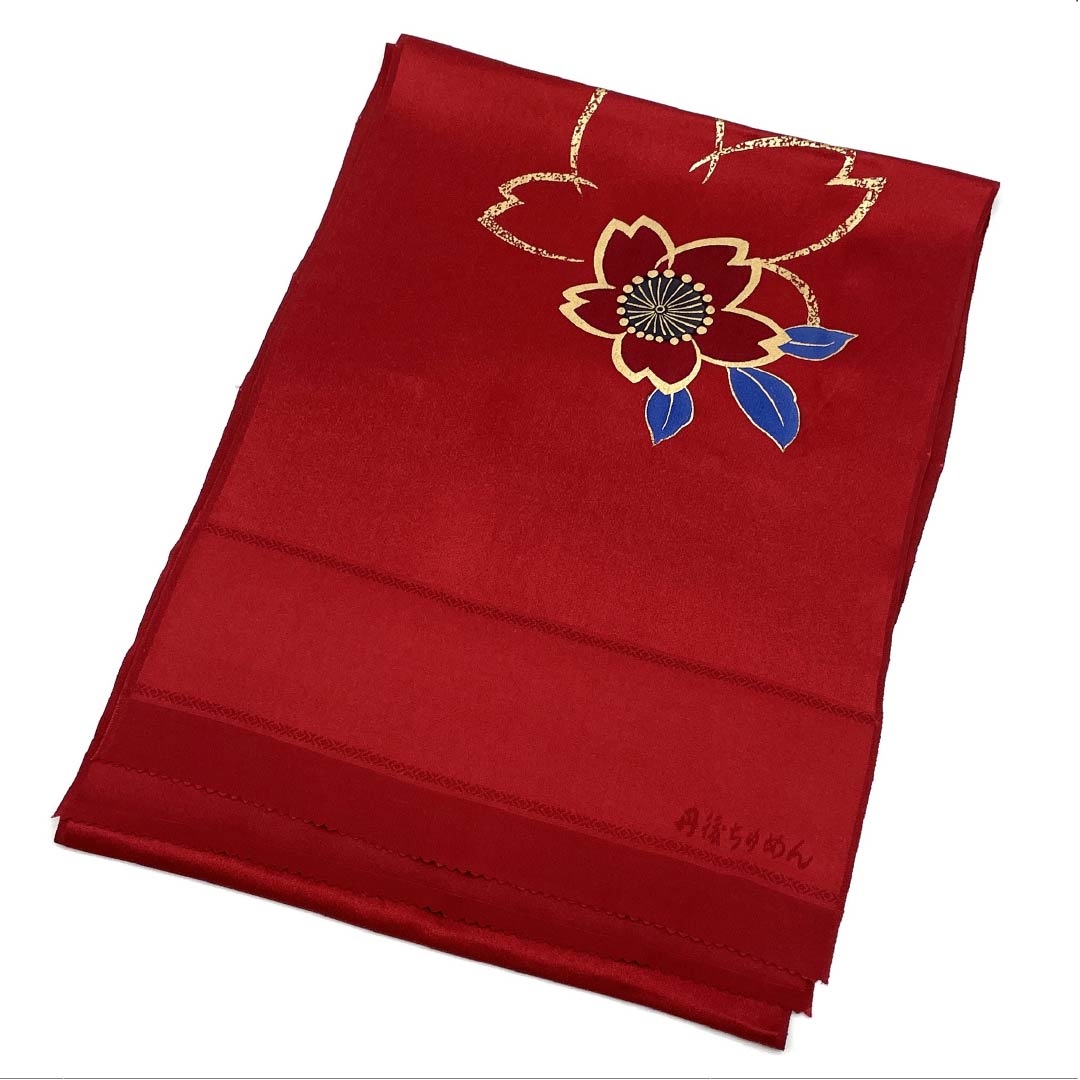 Formal obiage (sash) made of pure silk, grade A, crimson (shinkuiro) with a cherry blossom pattern, made of Tango crepe, approximately 170cm long and 30cm wide. Product code: 1136001883912.
