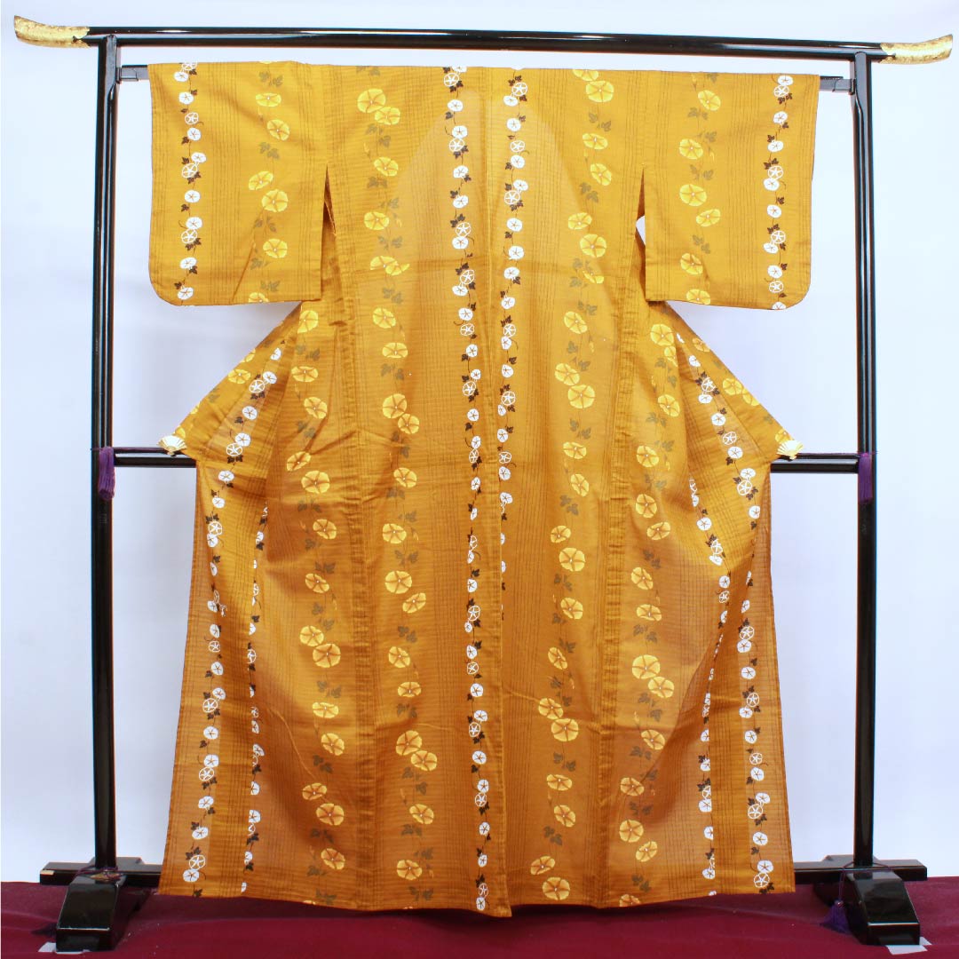 浴衣 金黄色 朝顔 木綿 Sランク 単衣 身丈163.5cm 裄丈65.5cm 茶系 1118004042414