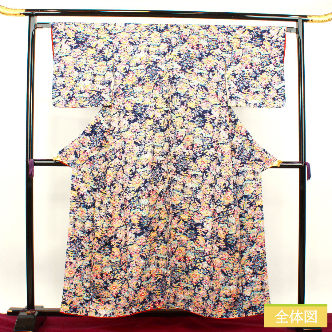 小紋 正絹 身丈157cm 裄丈64cm 袷 紺桔梗色 草花模様 茶屋辻 Sランク 紺系 1115003632318
