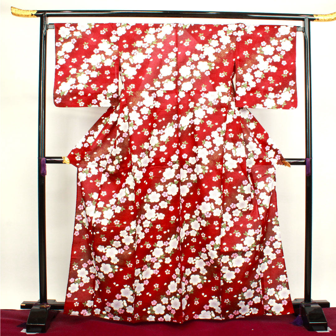 浴衣 深緋色 桜 木綿 Sランク 単衣 身丈165.5cm 裄丈68.5cm 赤系 1118003582512