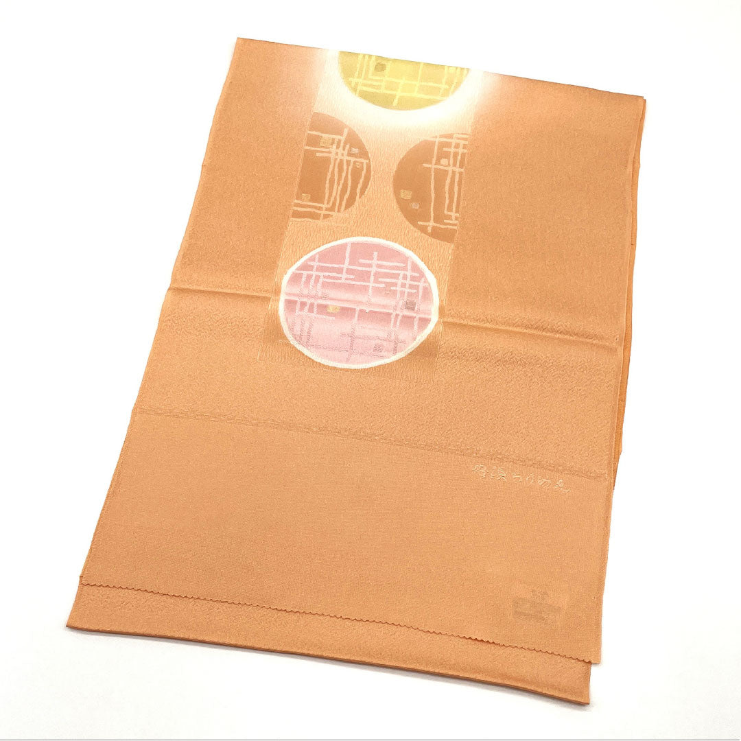 (新古品)帯揚げ 正絹 NEWランク セミフォーマル 朱華色(はねずいろ) 丹後ちりめん 幾何学模様 長さ約180cm 幅約30.5cm 橙系 1136001281926