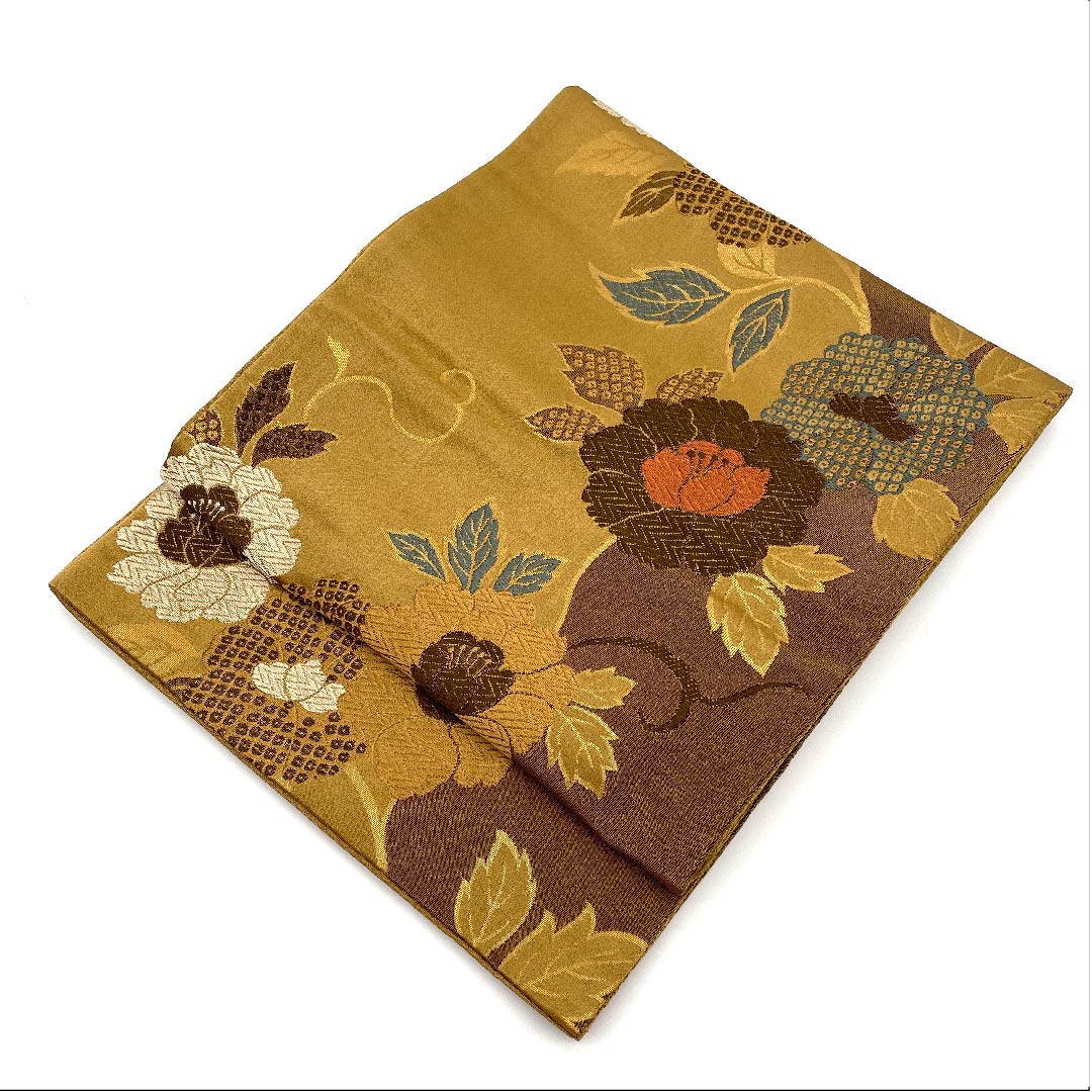 名古屋帯 京袋帯 煙草色 草花模様 帯丈362cm ポリ Sランク 六通 セミフォーマル 茶系 1124003292314 開き仕立て