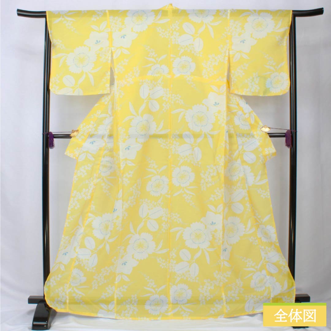 (新品未使用品) 浴衣 ポリエステル 身丈167.5cm 裄丈65cm NEWランク 単衣 黄系 黄色 花柄 桔梗 萩 1118005741523
