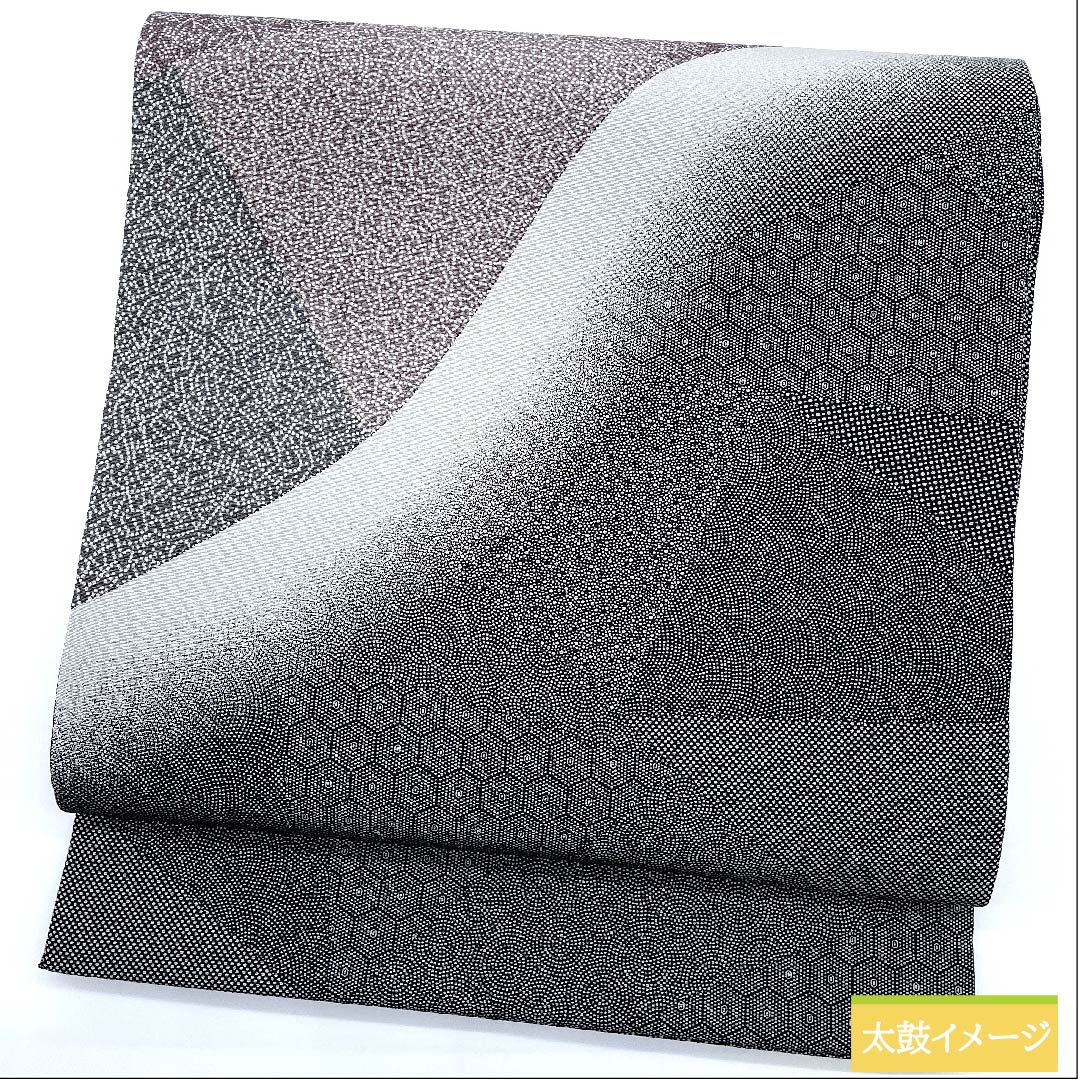 名古屋帯 黒色 江戸小紋柄 切り嵌め風 ひょうたん 雲取り 帯丈424cm 正絹 Sランク ポイント柄 カジュアル 黒系 1124005742310 開き仕立て