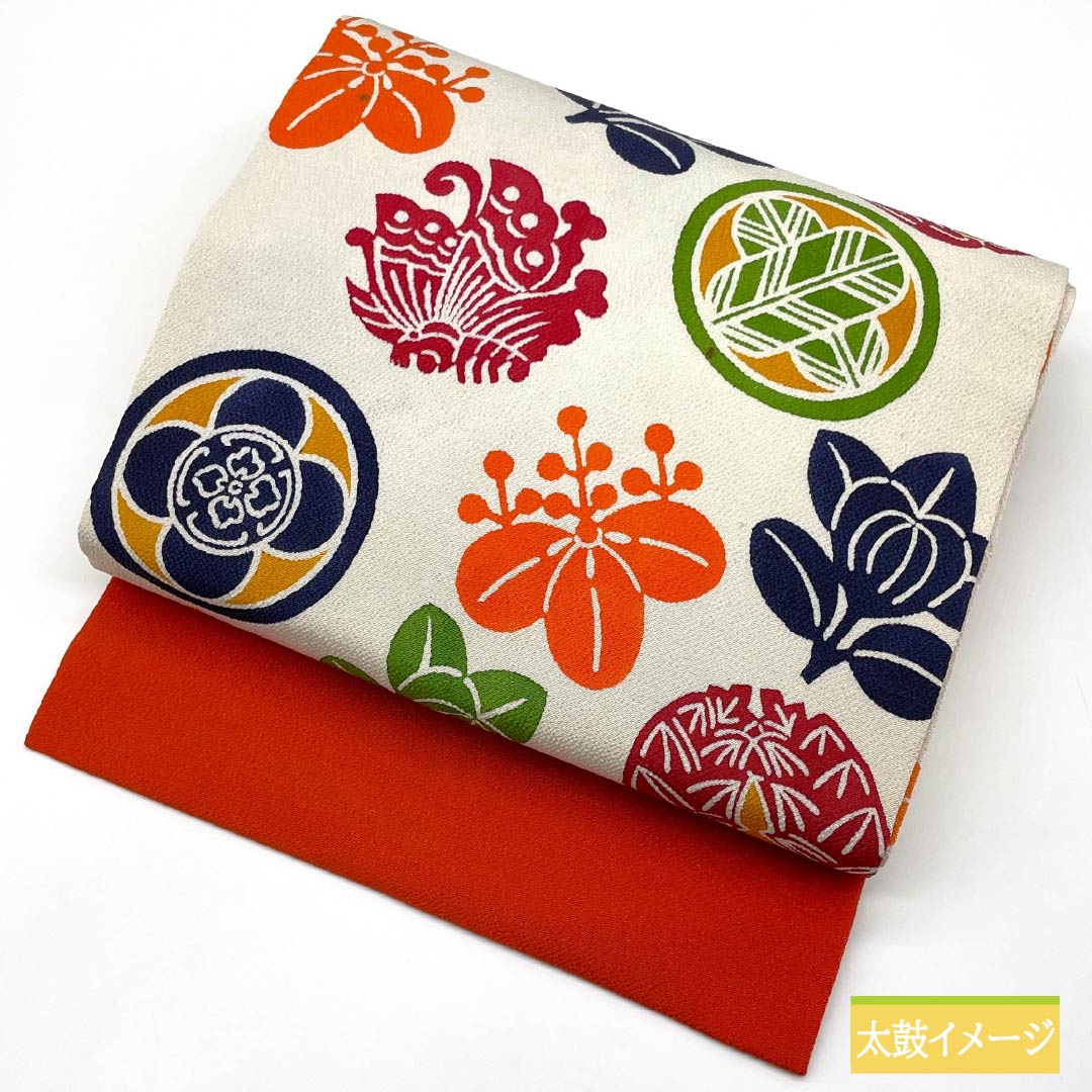 名古屋帯 胡粉色(ごふんいろ) 型染 ちりめん地 丸に紋 帯丈354cm 正絹 Aランク ポイント柄 カジュアル クリーム系 1124008163315 名古屋仕立て