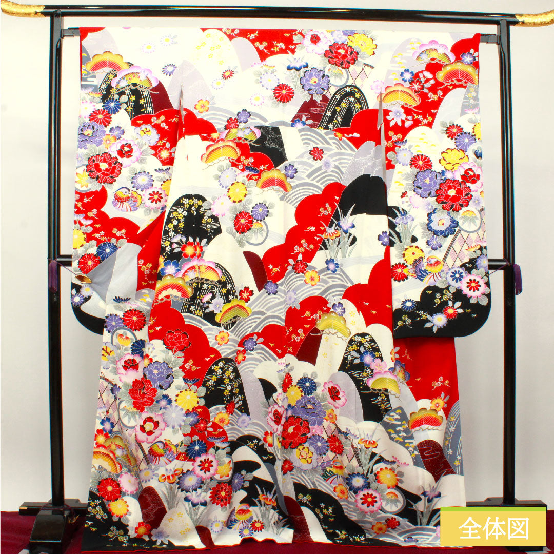 振袖 正絹 身丈171cm 裄丈65cm 袷 京友禅 草花模様 青海波 鴛鴦 Sランク グラデーション系 1113001802699