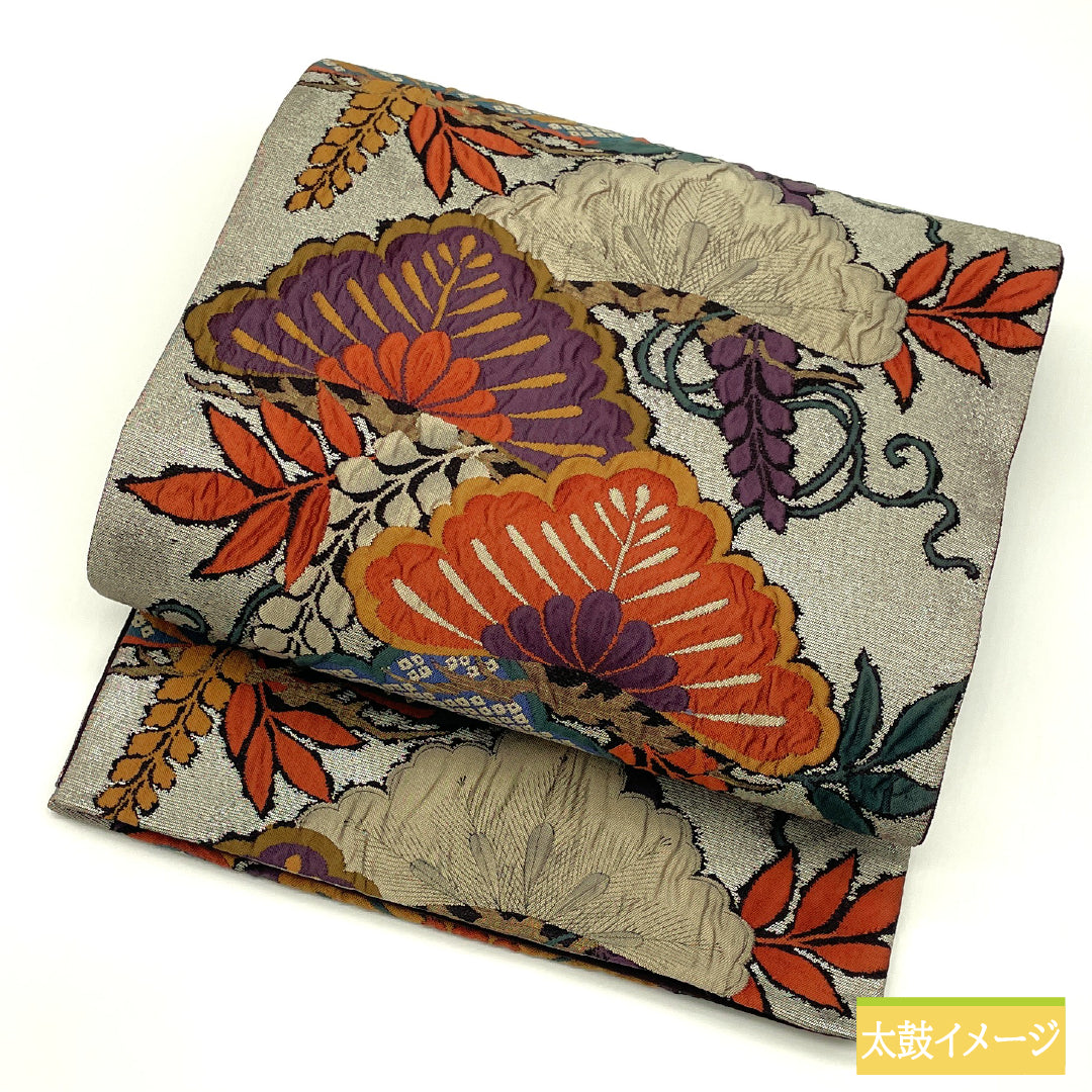 袋帯 正絹 Sランク ふくれ織 西陣織 松 藤 帯丈446cm 六通 フォーマル グレー系 1123017312322