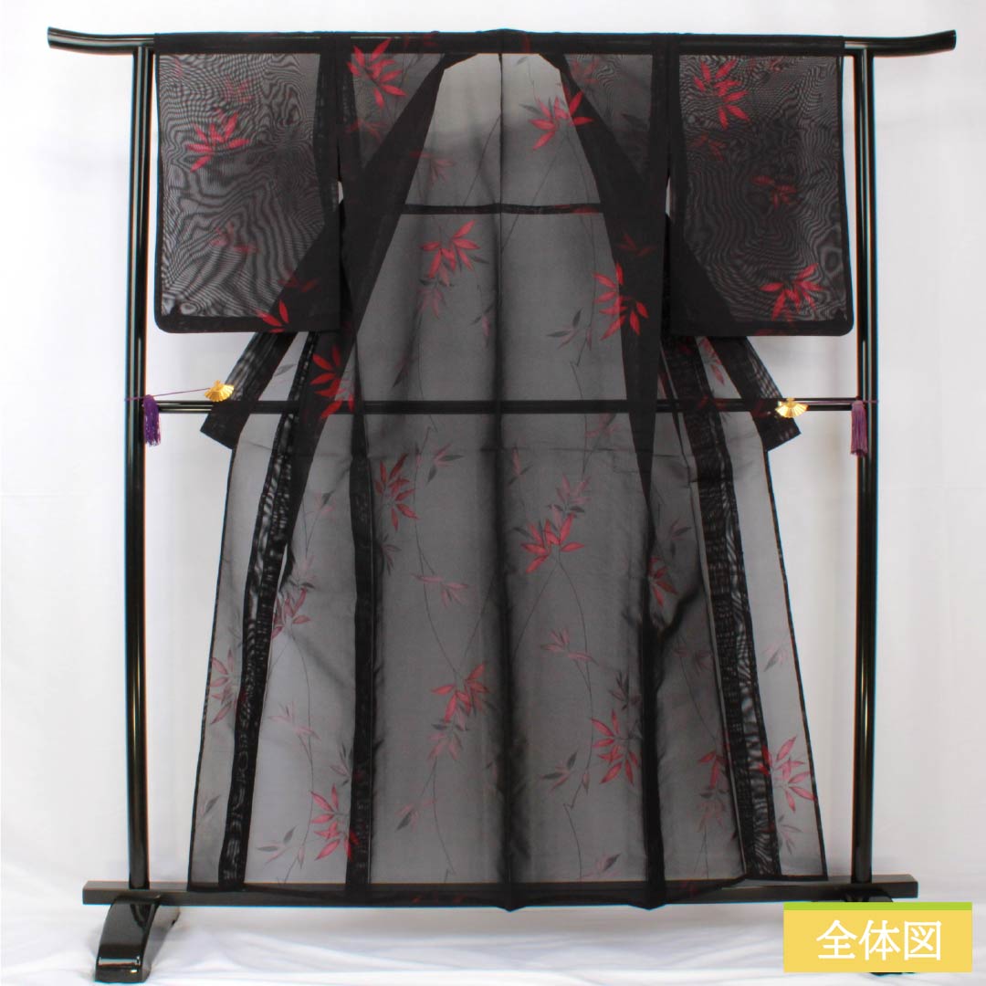 Summer pure silk komon length 157.5cm sleeve length 62.5cm branches leaves gauze S rank black 1132002022310