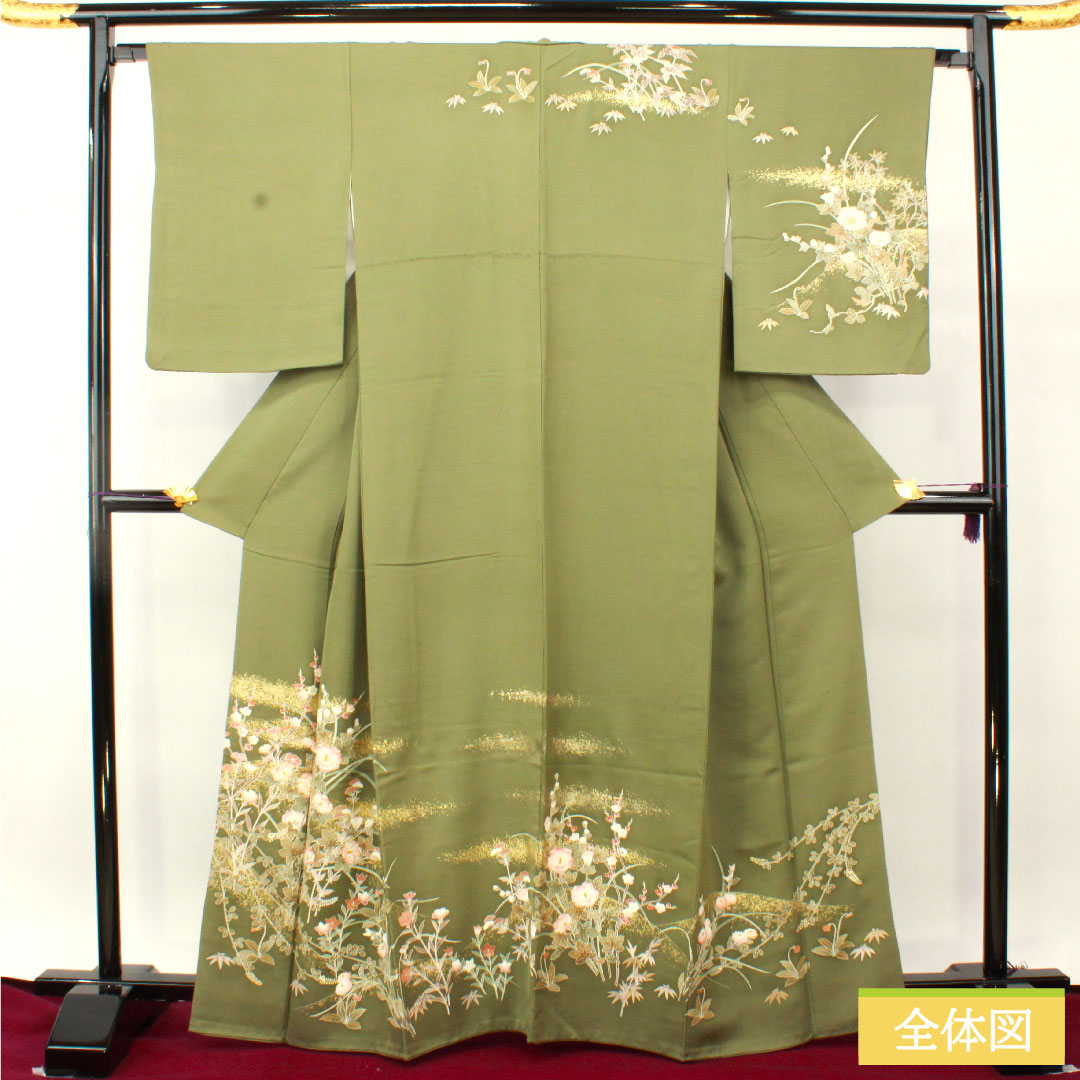 Homongi, pure silk, lined, length 164.5cm, sleeve length 65.5cm, turtle dove color, Kyoto yuzen, floral pattern, S rank, green, 1112004722419