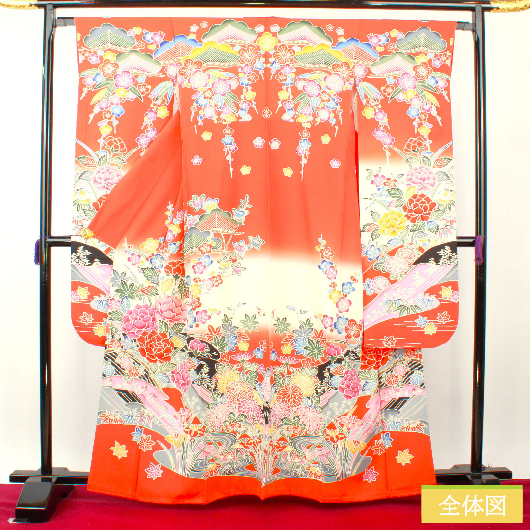 リサイクル着物】振袖 正絹 身丈162.5cm 裄丈63.5cm 袷 銀朱色（ぎん 