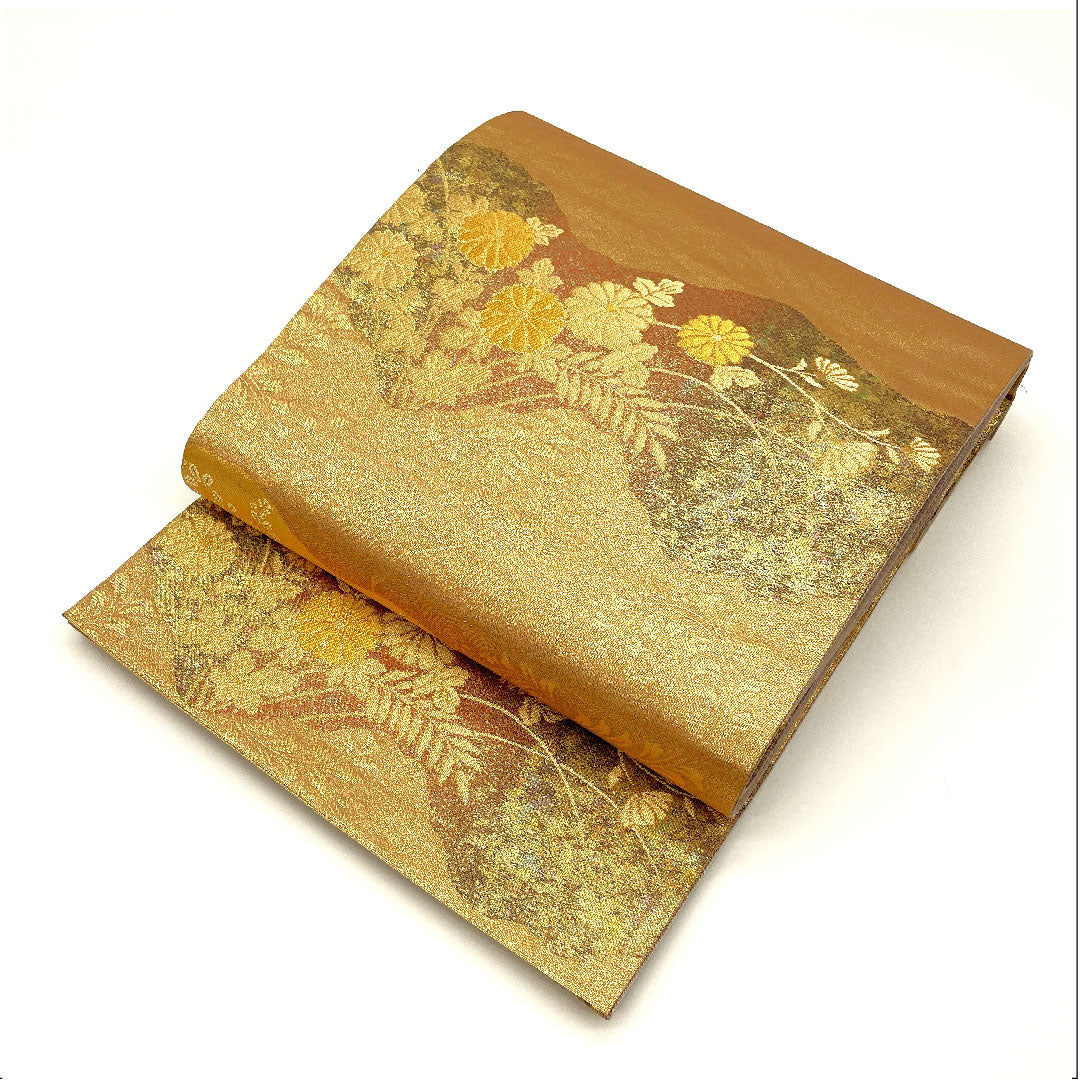 Fukuro Obi (traditional Japanese kimono sash), classic pattern, floral motif, obi length 430cm, pure silk, A rank, six-pass, formal, gold, 1123002723321