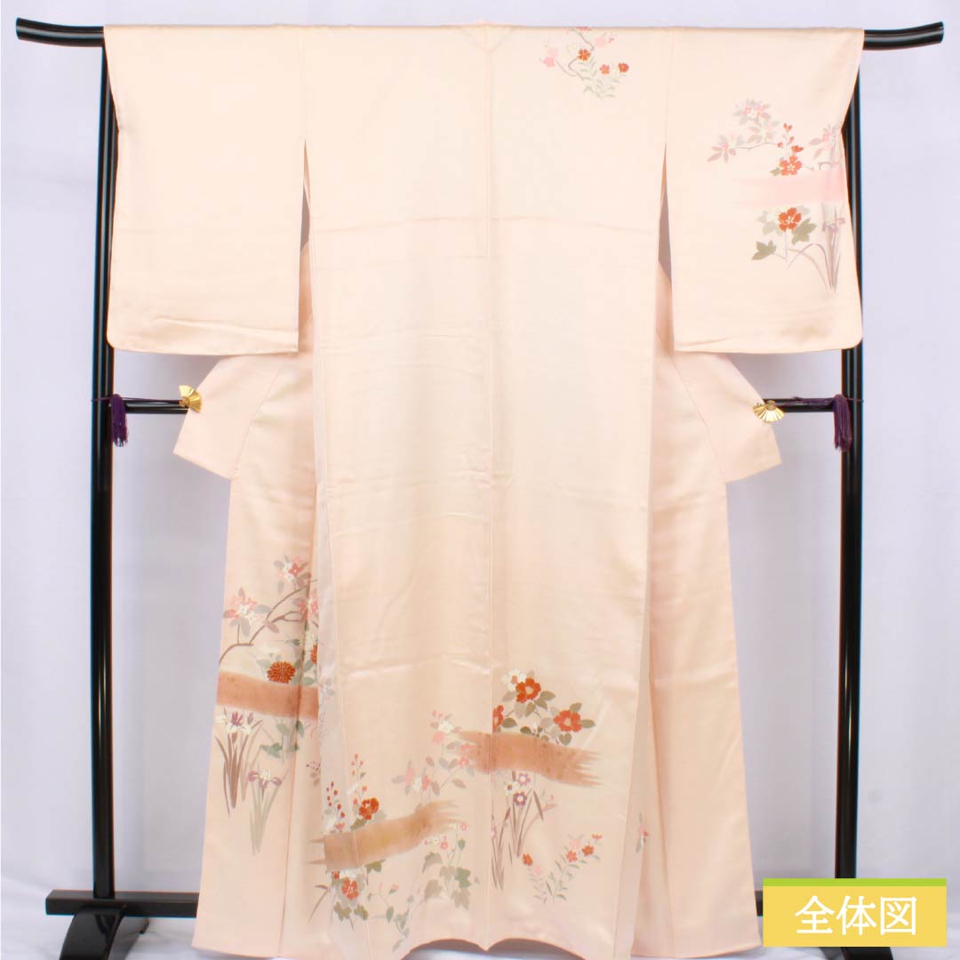 訪問着 正絹 Sランク 袷 身丈163.5cm 裄丈67cm 薄肉色(うすにくいろ) 京友禅 草木模様 しつけ糸付き 橙系 1112006672426