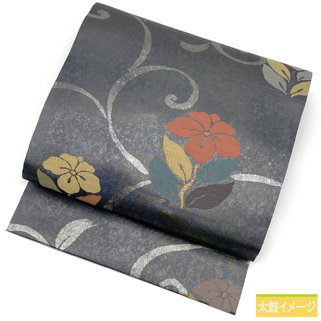 名古屋帯 正絹 Sランク 灰青色(はいあおいろ) 唐花 帯丈362cm ポイント柄 セミフォーマル グレー系 1124010762322 名古屋仕立て