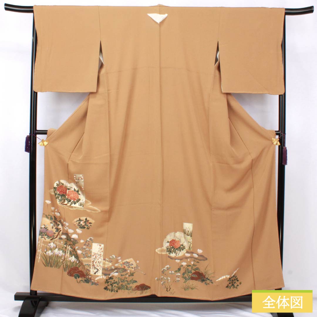 色留袖 正絹 Sランク 身丈157.5cm 裄丈63cm 袷 丁子色(ちょうじいろ) 一つ紋 丸に違い鷹の羽 草花 スコッチガード 一つ紋 茶系 1111002022314