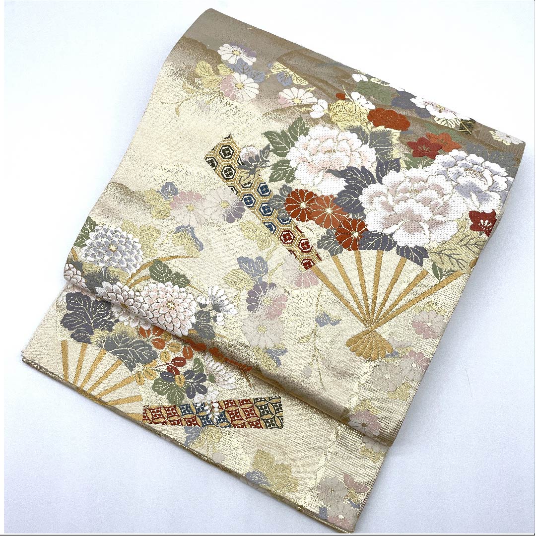 袋帯 生成り色(きなりいろ) 扇面 吉祥文様 七宝 帯丈424cm 正絹 Aランク 六通 フォーマル クリーム系 1123007573315