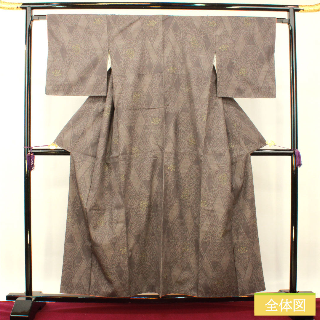 結城紬 正絹 身丈157.5cm 裄丈64.5cm 黝色 抽象模様 しつけ糸付き 未使用品 Sランク 袷 グレー系 1116003322322
