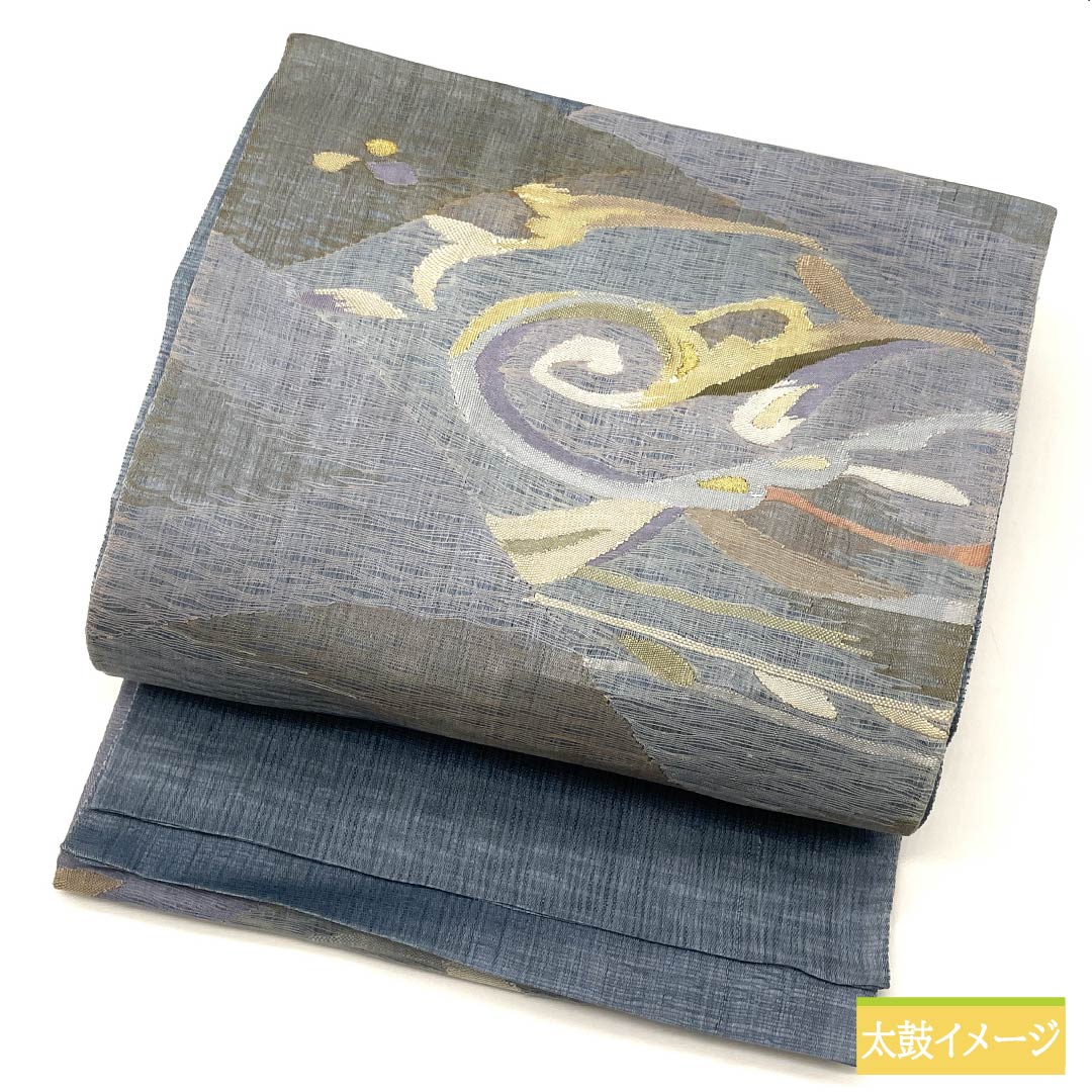 袋帯 正絹 湊鼠色(みなとねずいろ) 夏帯 抽象模様 帯丈440cm Bランク ポイント柄 セミフォーマル 水色系 1123013274324