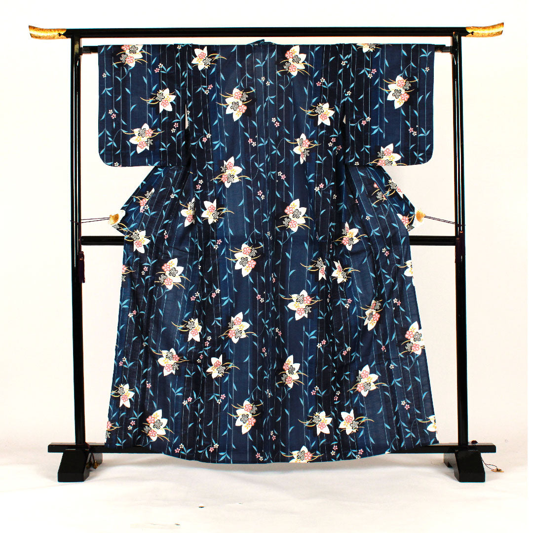 浴衣 花模様 木綿 Sランク 単衣 身丈165cm 裄丈66cm 青系 1118000812517