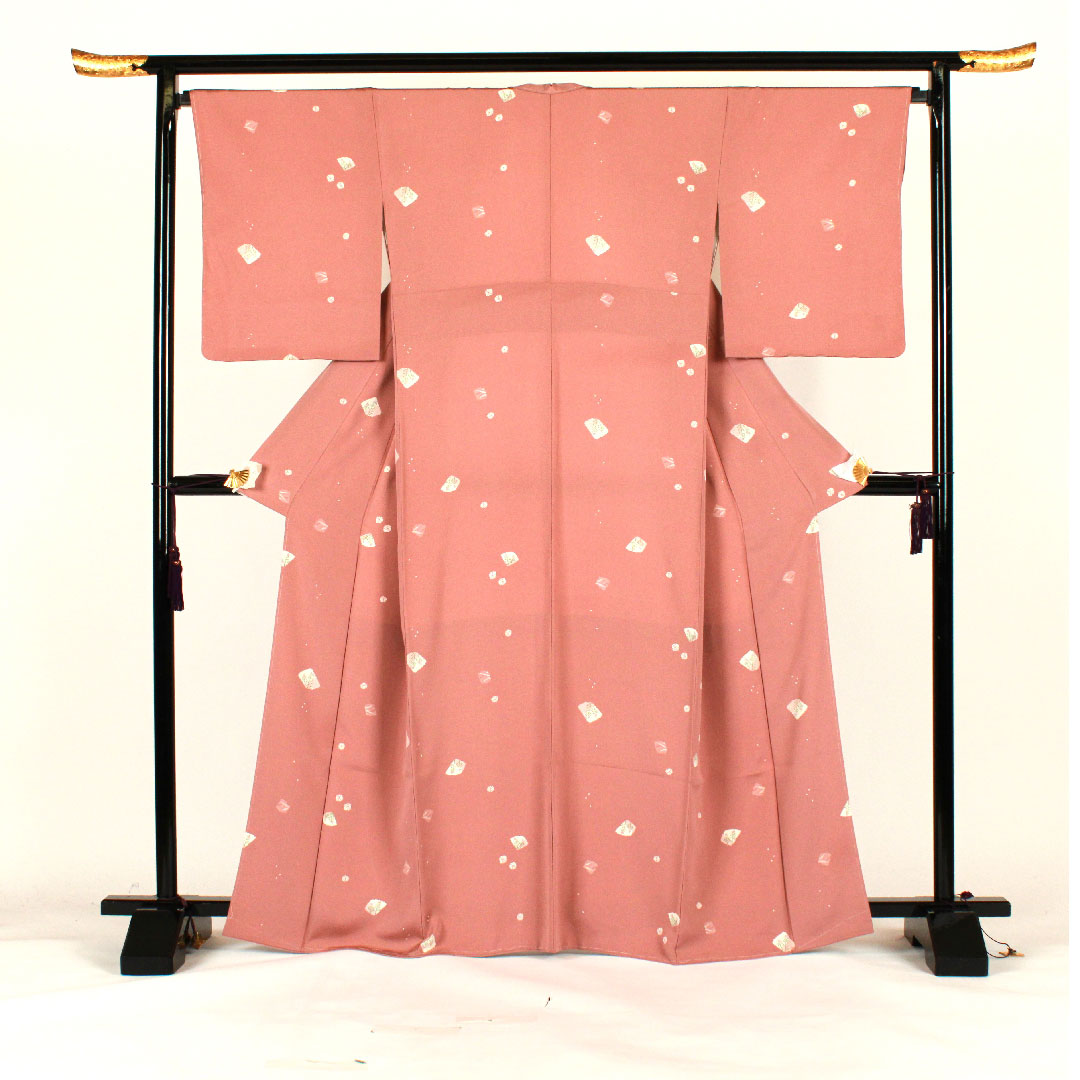 小紋 身丈167cm 裄丈69cm 袷 洗える着物 草花模様 ポリ Sランク ピンク系 1115001612513