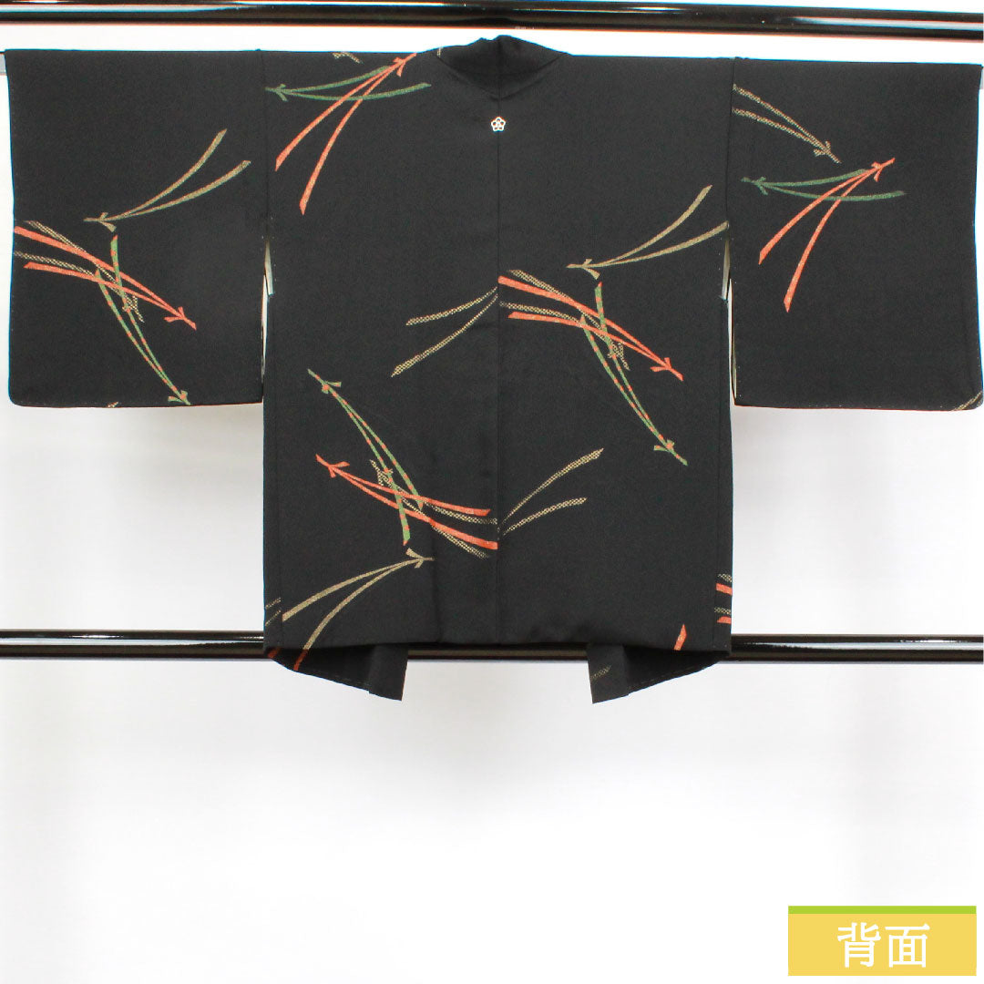 羽織 正絹 身丈78cm 裄丈63.5cm 黒羽織 松葉 一つ紋 桔梗に三つ鱗 Sランク 袷 黒系 1117000822910