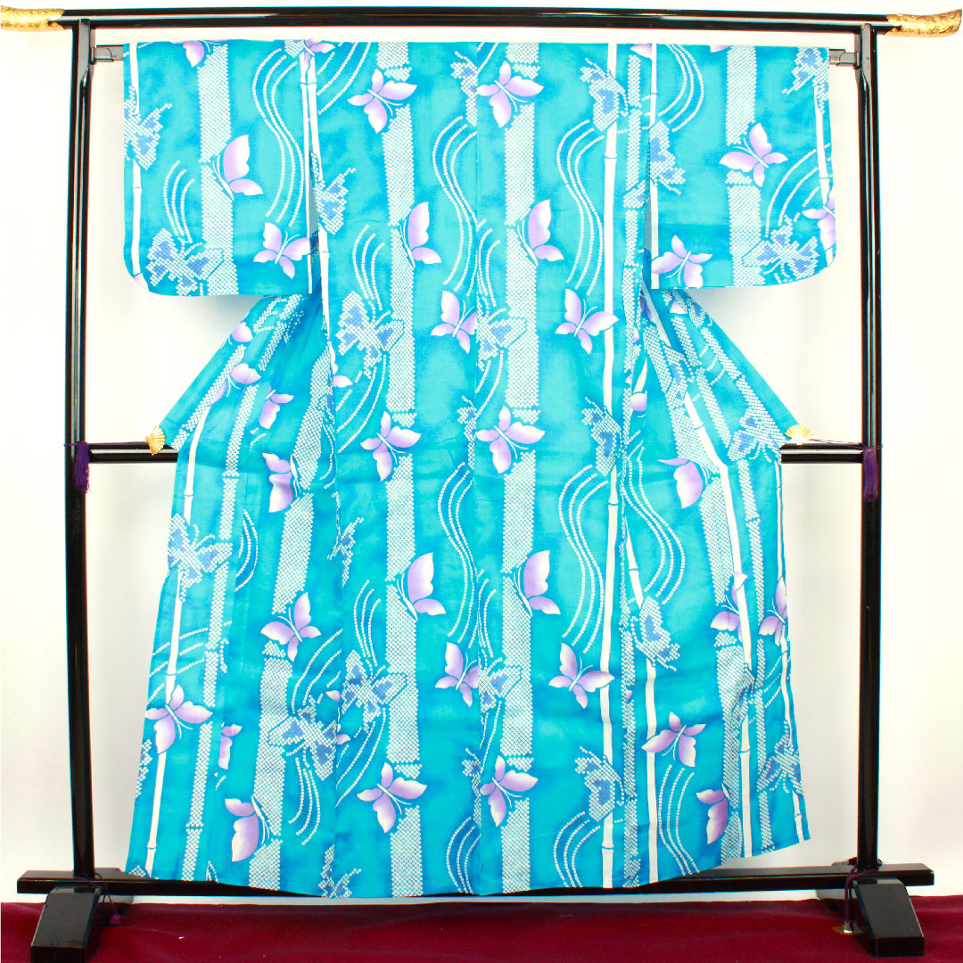 浴衣 蝶 木綿 Sランク 単衣 身丈160cm 裄丈67cm 青系 1118001002417