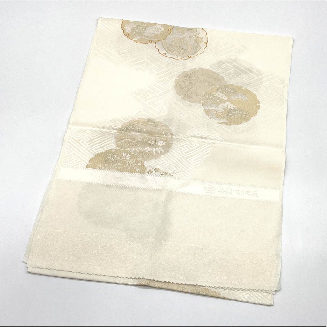 帯揚げ 正絹 Sランク フォーマル 乳白色(にゅうはくしょく) 丹後ちりめん 雪輪 金駒刺繍 長さ約170cm 幅約29.5cm 白系 1136004652911