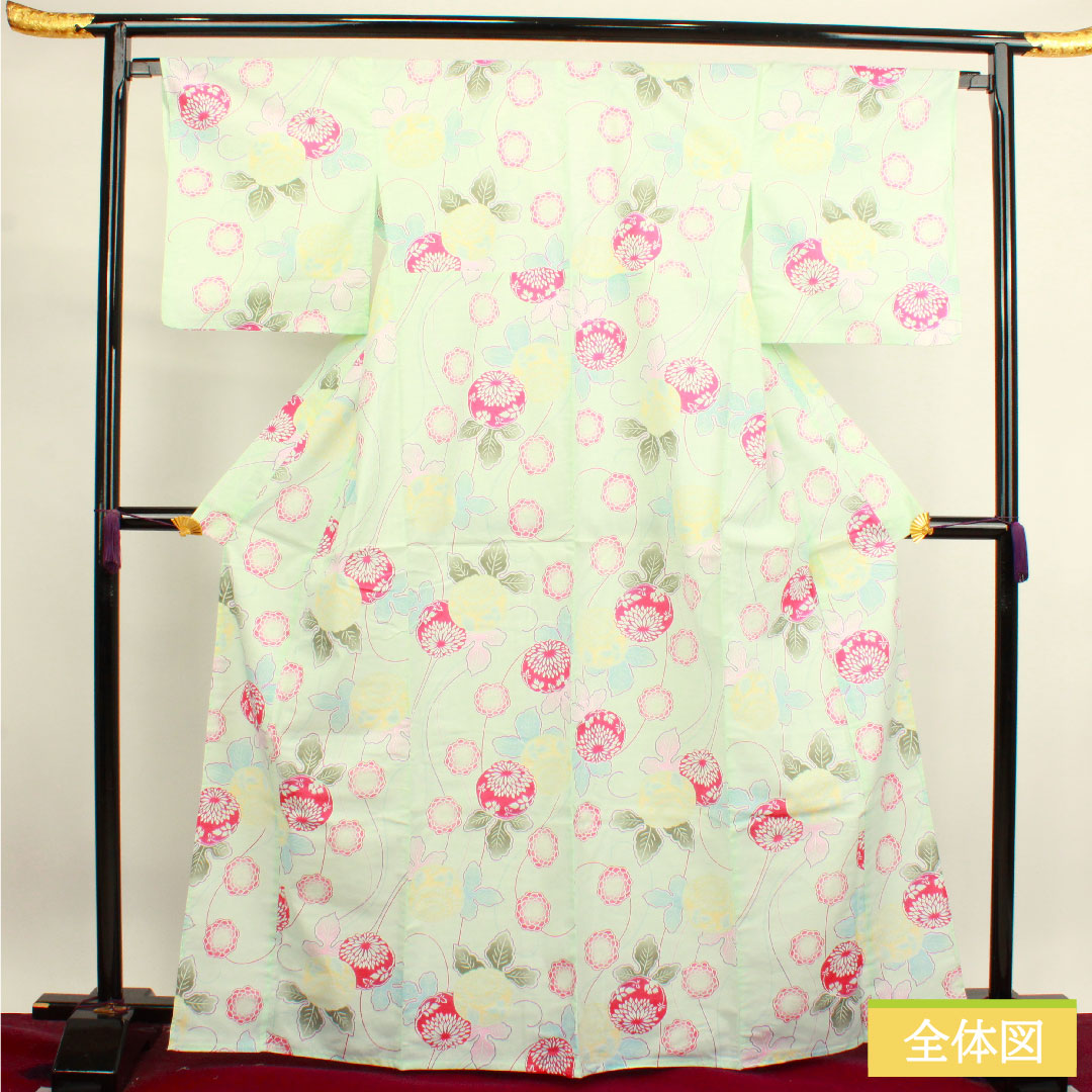 浴衣 木綿 身丈167.5cm 裄丈66.5cm Sランク 単衣 緑系 白緑色(びゃくろくいろ) 抽象花 1118004632519
