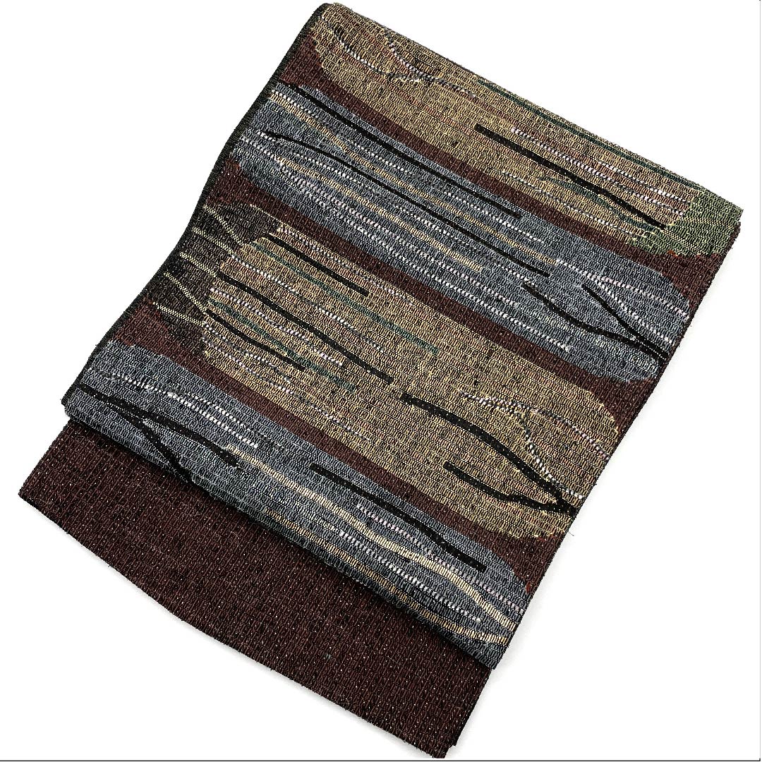 (未仕立)袋帯 桃尻色(ももじりいろ) 幾何学模様 帯丈454cm 正絹 Aランク ポイント柄 カジュアル 茶系 1123007203414