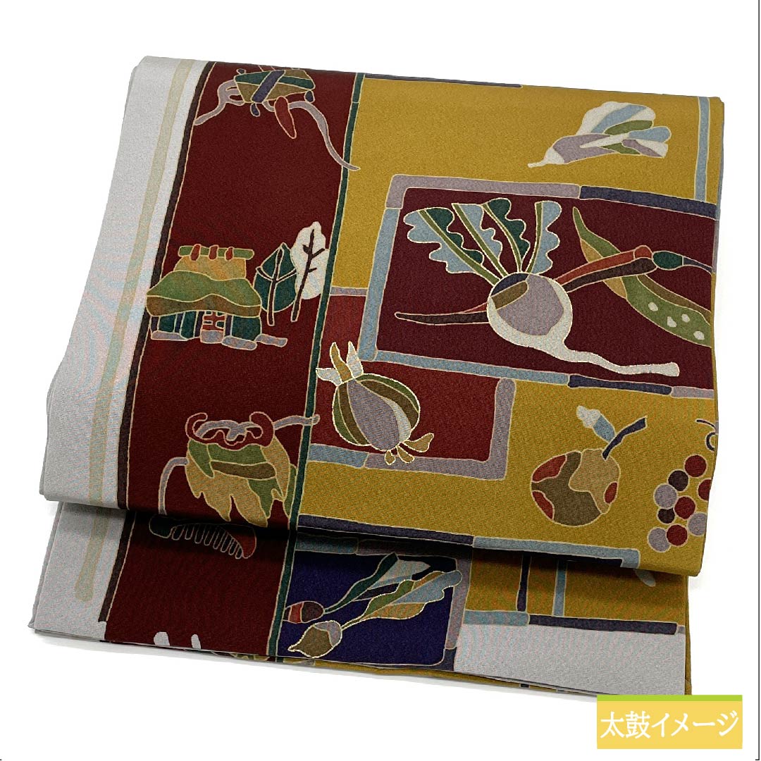 名古屋帯 正絹 錫色(すずいろ) 野菜柄 長尺 農機具 帯丈384cm Sランク 全通 カジュアル グレー系 1124006282422 開き仕立て