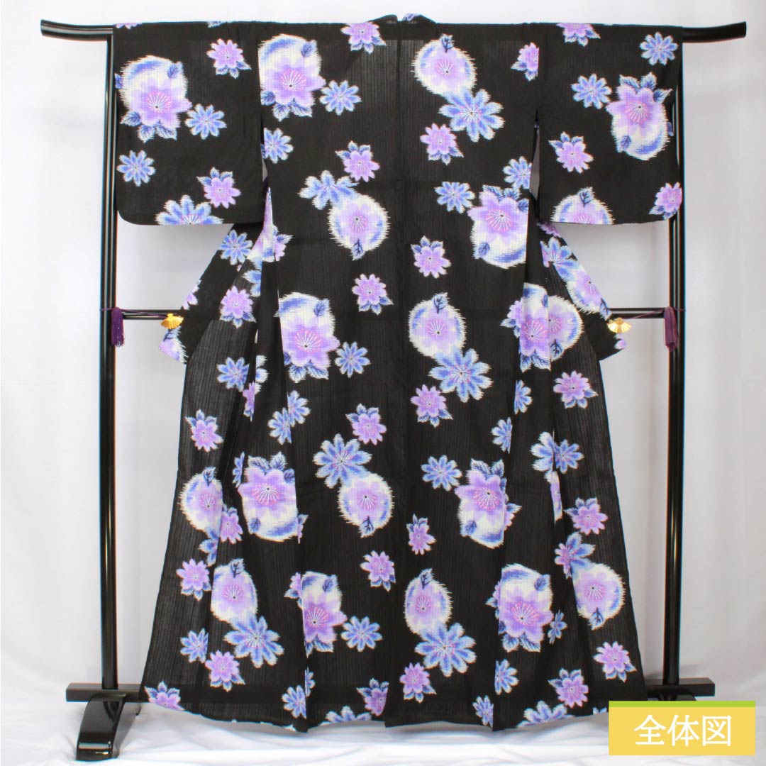 浴衣 木綿 身丈164.5cm 裄丈66.5cm Sランク 単衣 黒系 抽象花 1118005942410