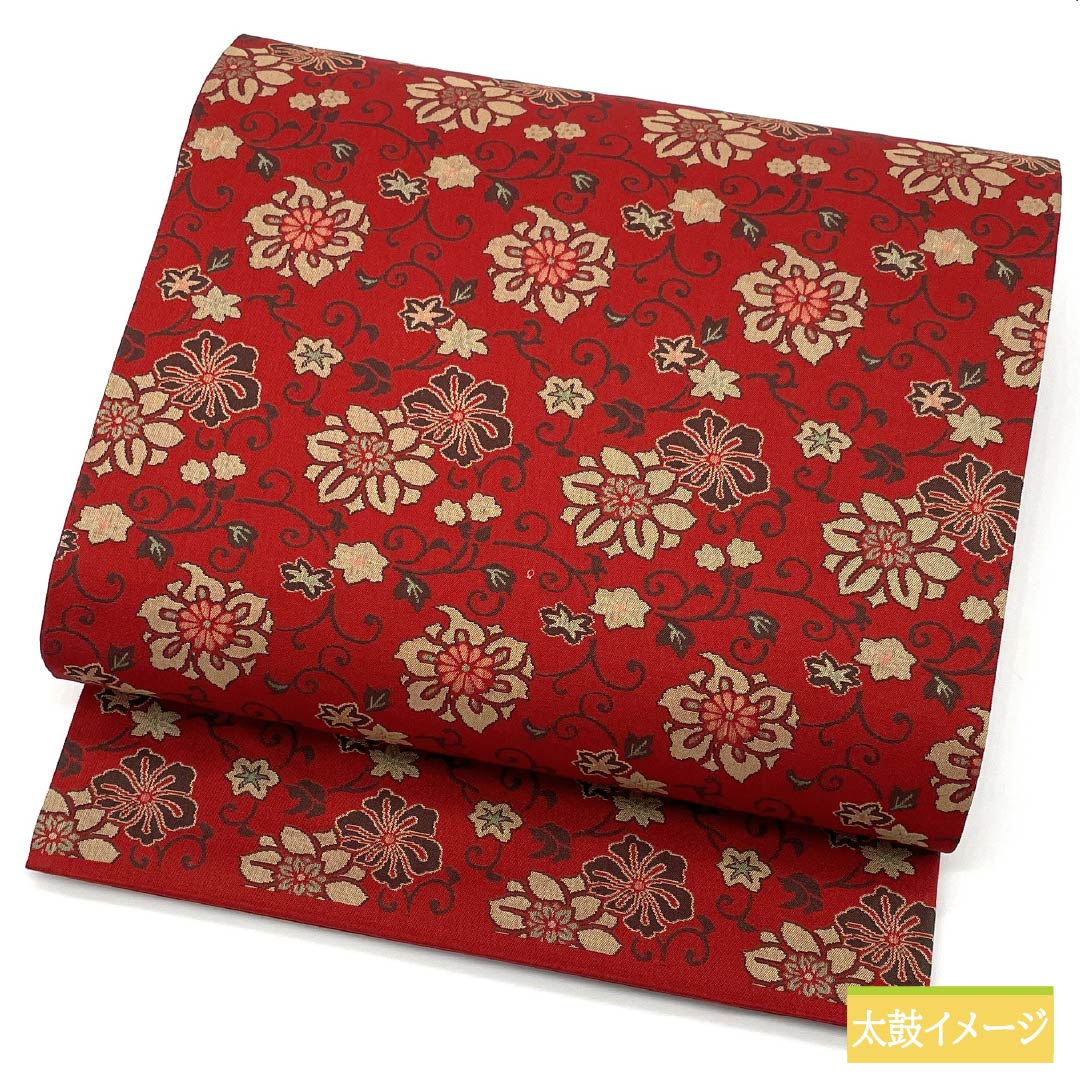 袋帯 正絹 赤紅色(あかべにいろ) 花唐草 帯丈428cm Sランク 全通 カジュアル 赤系 1123013242312