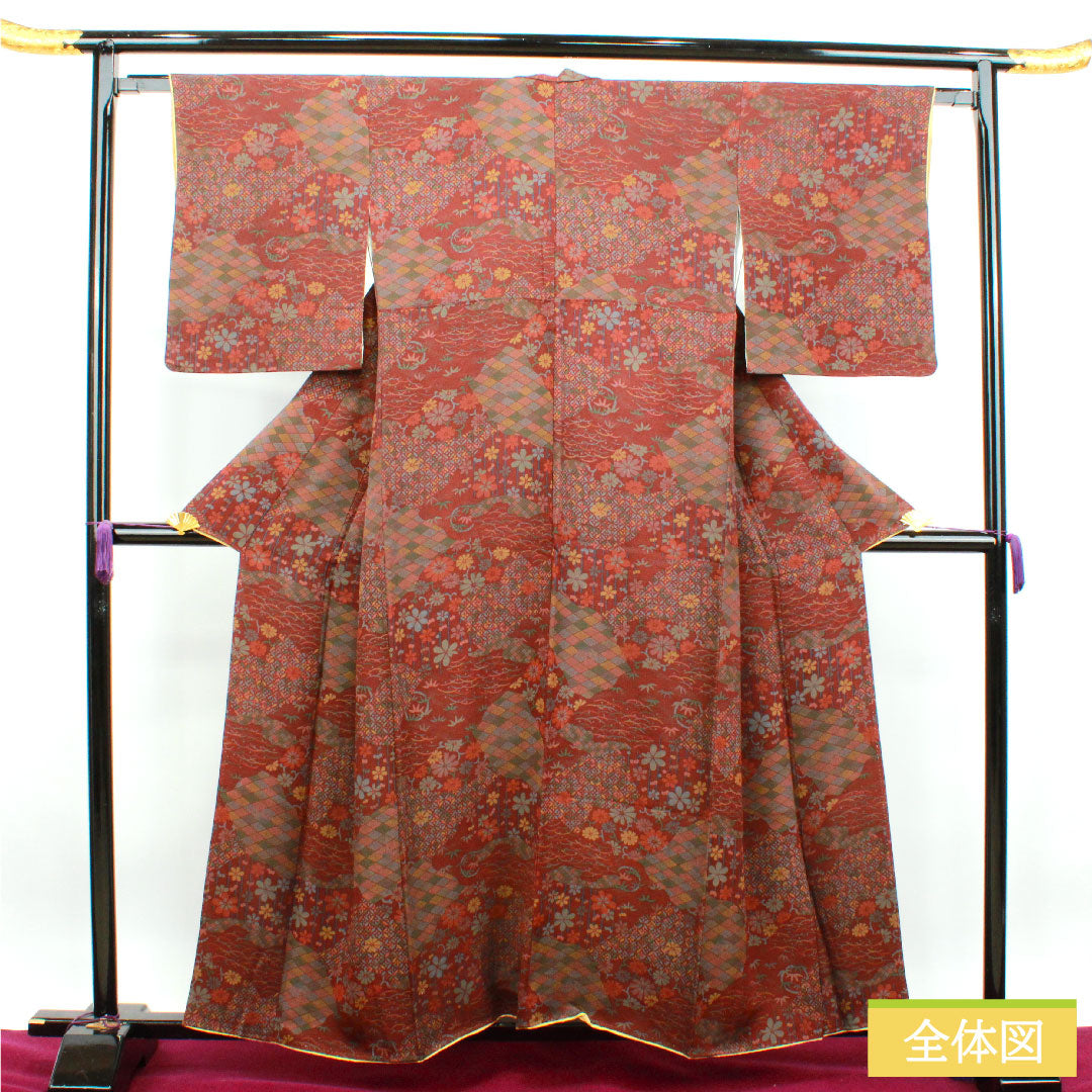 小紋 正絹 身丈157.5cm 裄丈63.5cm 袷 褐色 吉祥文様 Aランク 茶系 1115003583314