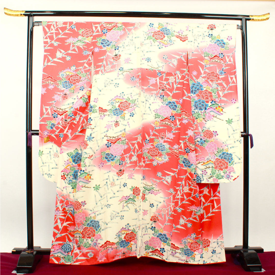 振袖 身丈162cm 裄丈65cm 袷 京紅型 松竹梅 笹 紅葉 正絹 Sランク グラデーション系 1113001612499