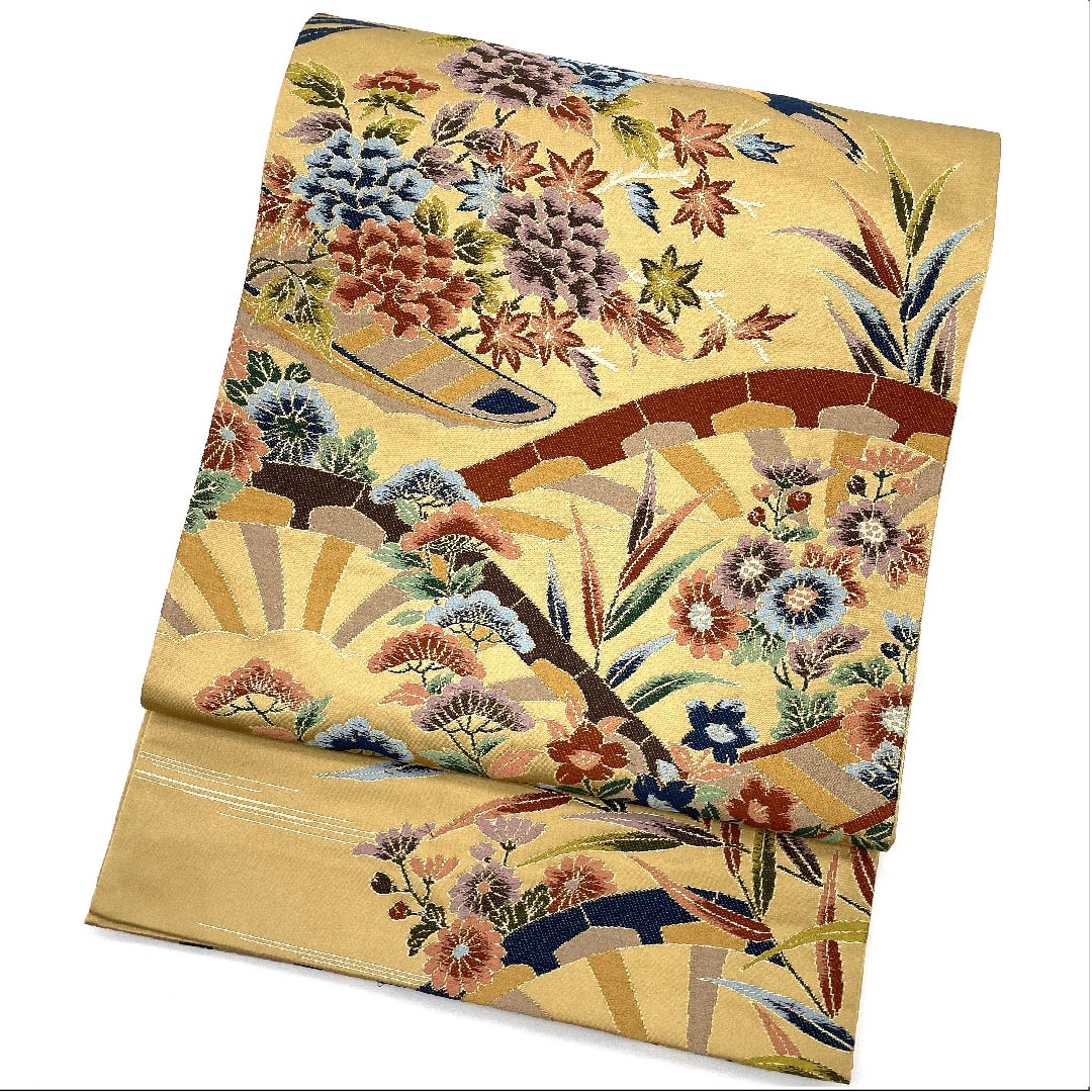 袋帯 山吹鼠色(やまぶきねずいろ) 白綾苑大庭 花柄 帯丈428cm 正絹 Sランク 六通 フォーマル 茶系 1123009472314