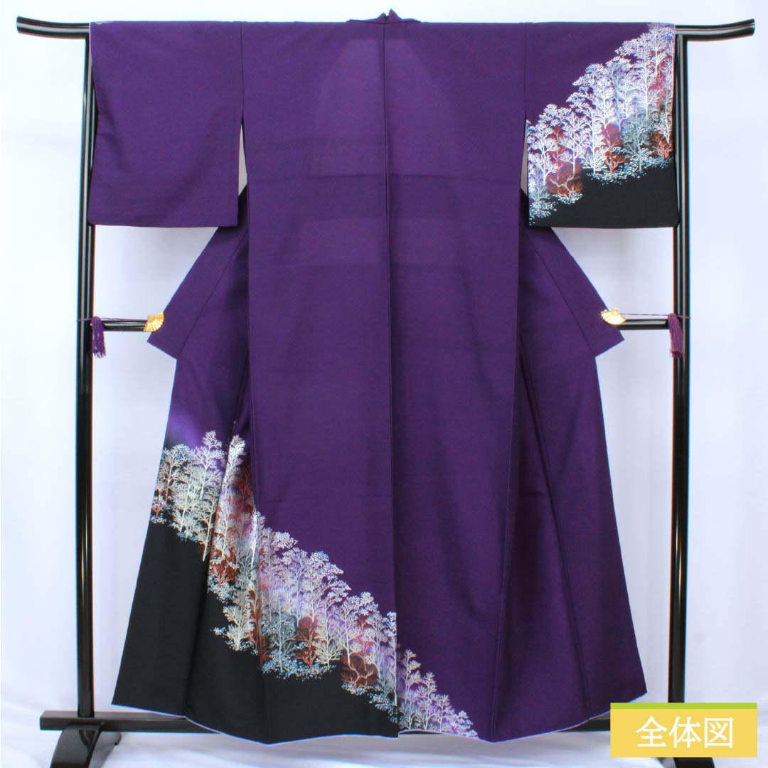 訪問着 ポリエステル Aランク 胴抜き 身丈157.5cm 裄丈65.5cm 菫色(すみれいろ) 金彩加工 風景模様 紫系 1112006393320