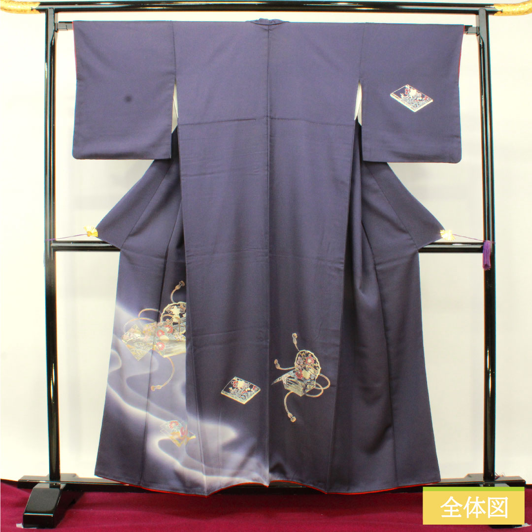 Homongi, pure silk, lined, length 157.5cm, sleeve length 66cm, dark blue, Kyo-Yuzen, multi-tiered box, braided cord, A-rank, navy blue, 1112004843318