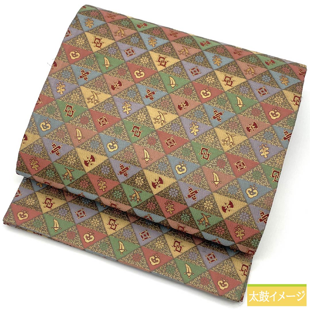 名古屋帯 宝尽くし 鱗 唐花 帯丈366cm 正絹 Sランク 全通 セミフォーマル グラデーション系 1124008852399 開き仕立て