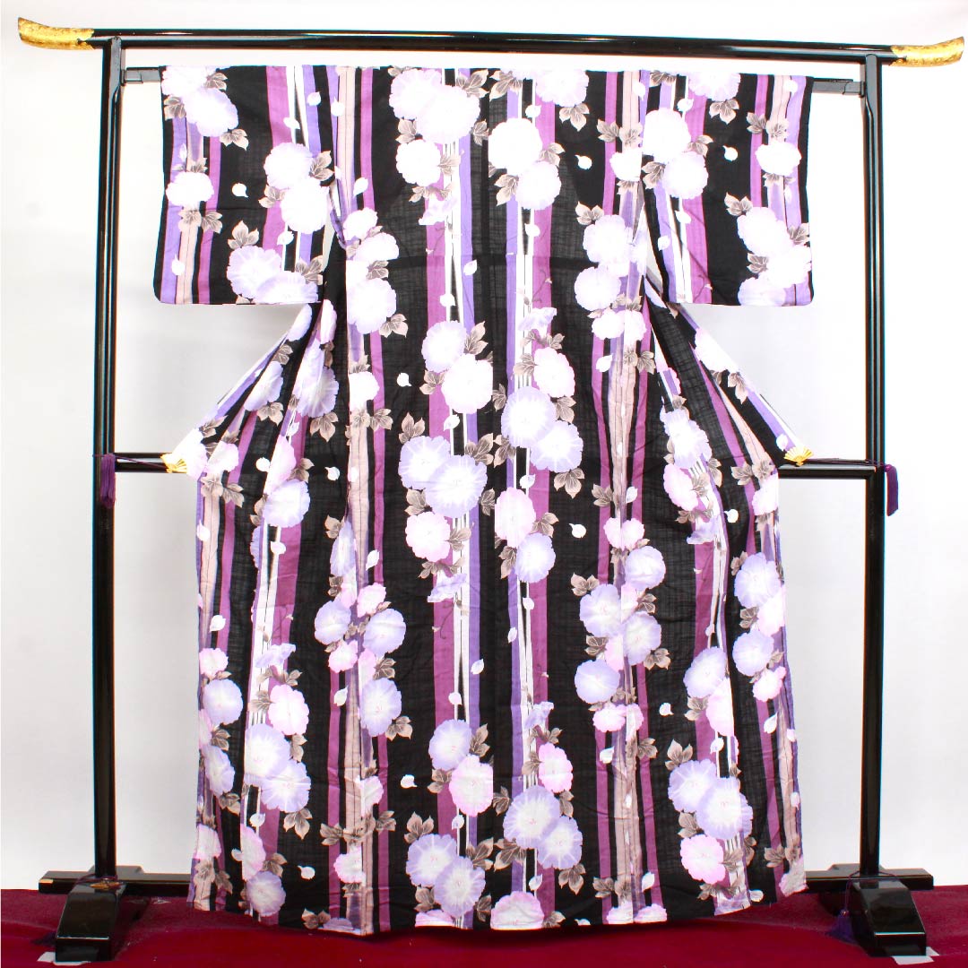 浴衣 黒色 朝顔 木綿 Sランク 単衣 身丈163.5cm 裄丈62.5cm 黒系 1118004092410