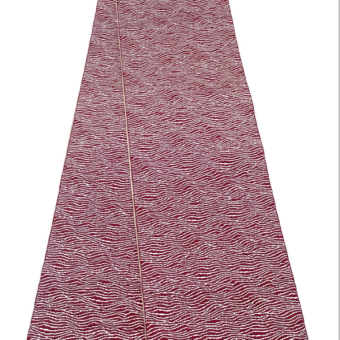 半幅帯 ポリエステル 帯丈400cm 臙脂色(えんじいろ) よろけ縞 ネコ 赤系 Sランク 1125001602412
