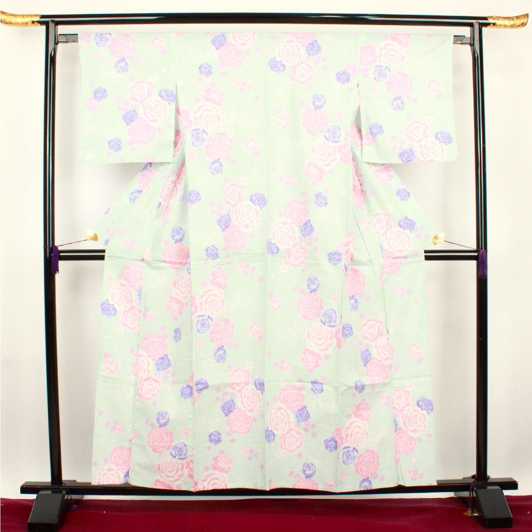 浴衣 藍白色 薔薇 桜 蝶 木綿 Aランク 単衣 身丈158.5cm 裄丈63.5cm 青系 1118001113317